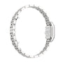 Side view of a silver Panthère de Cartier watch by Cartier, featuring a steel case, metal link bracelet, and an engraved case back.