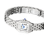 The Panthère de Cartier by Cartier features a stainless steel case, rectangular face, Roman numerals, blue hands, and a linked metal band. This stylish quartz wristwatch is displayed on a white background.