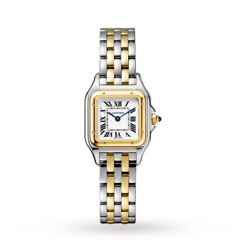 The Panthère de Cartier Small Model by Cartier features a square white dial with Roman numerals, blue hands, and an 18K yellow gold and steel link bracelet, displayed against a white background.