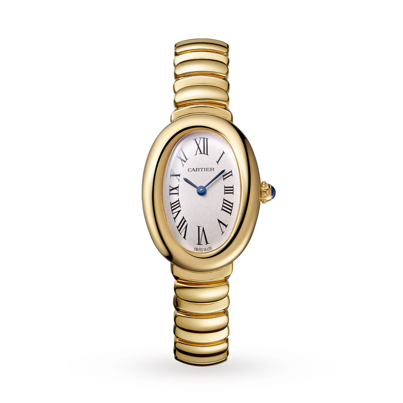 Cartier Baignoire watch with an oval face, Roman numeral hour markers, and a segmented 18K yellow gold bracelet band, displayed on a white background.