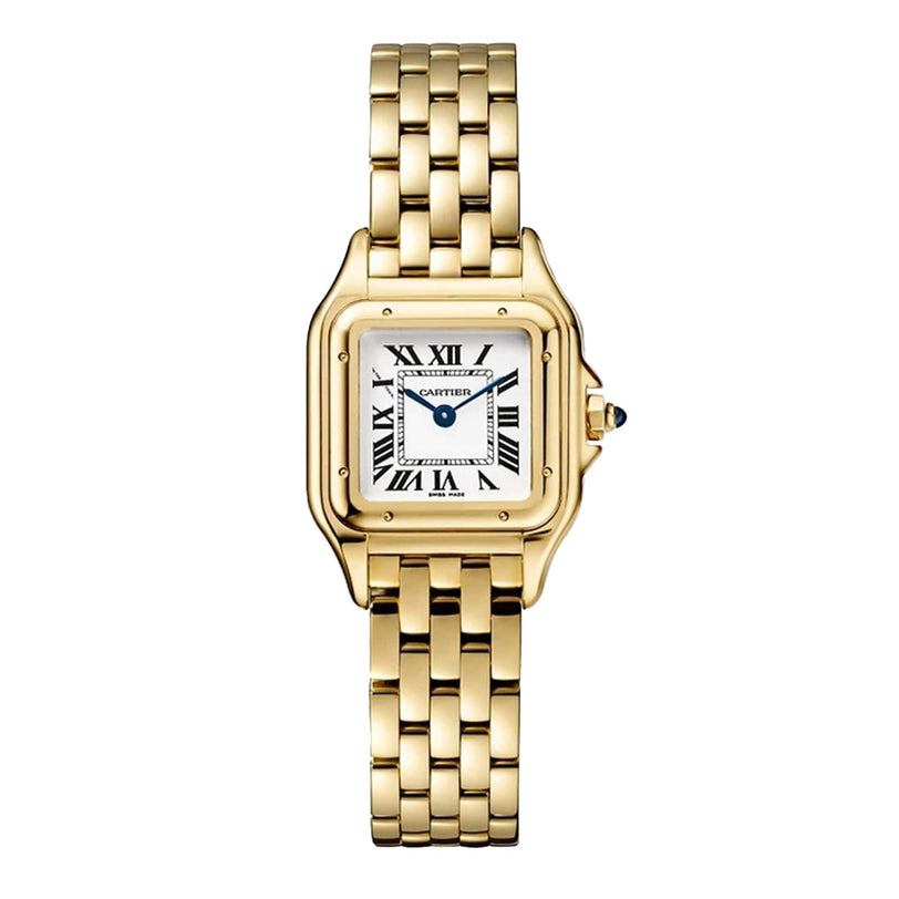 The Panthère de Cartier Small Model by Cartier features yellow gold, a square white dial with black Roman numerals, blue hands, a linked bracelet, and a crown set with a blue sapphire cabochon against a plain white background.