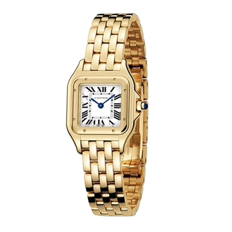 The Panthère de Cartier Small Model by Cartier features a rectangular face with Roman numerals, a white dial, blue sapphire crown, and a linked yellow gold bracelet.