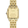 Back view of the Panthère de Cartier Small Model by Cartier in yellow gold, featuring engraved branding, serial number, “Swiss Made,” “Water Resistant,” “Au 750,” and a blue sapphire in the crown.