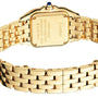 Back view of the Panthère de Cartier Small Model watch by Cartier in yellow gold, featuring a linked bracelet, engraved case back, and blue sapphire crown.