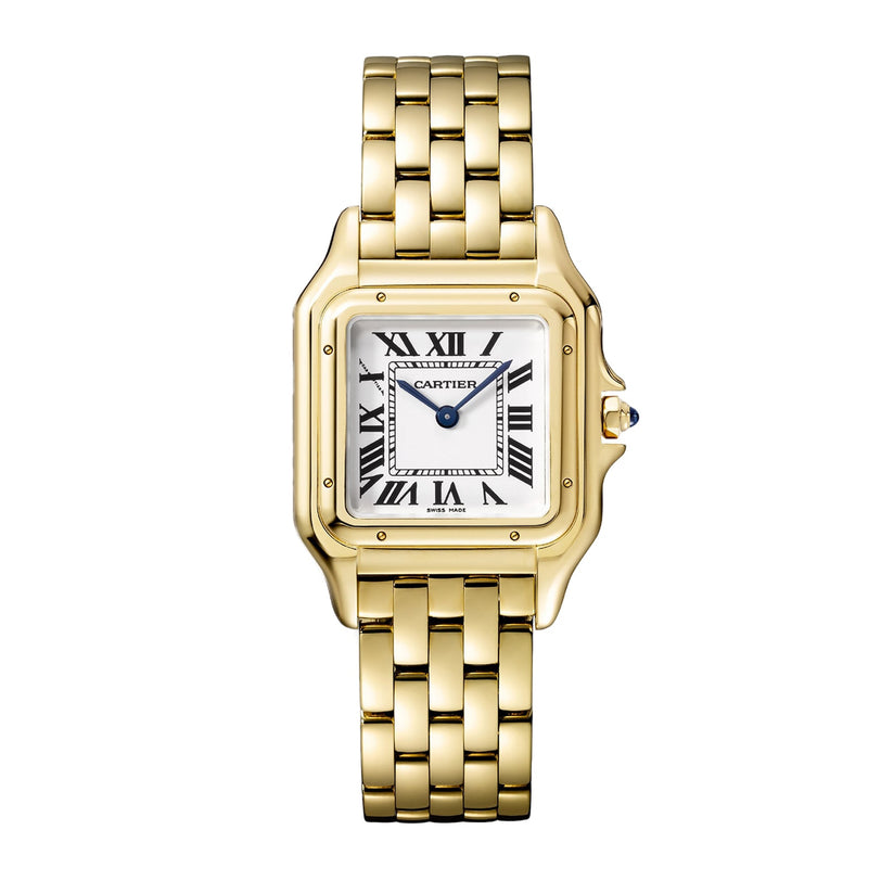 The Panthère de Cartier watch by Cartier features a rectangular dial, Roman numeral markers, blue hands, and an 18K yellow gold linked bracelet—a true style icon.