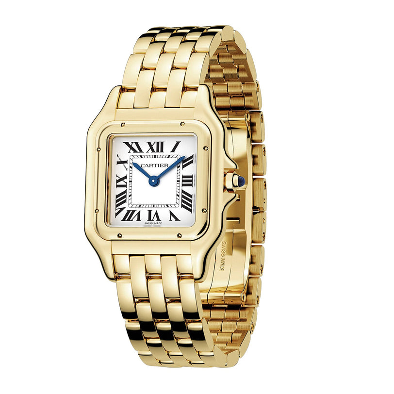 The Panthère de Cartier by Cartier features an 18K yellow gold square case, white dial with black Roman numerals, and a gold link bracelet.