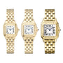 Three Panthère de Cartier watches by Cartier in 18K yellow gold, each featuring a white Roman numeral dial, are displayed side by side on a white background, reflecting timeless elegance and iconic style.