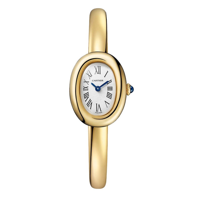 Cartier Baignoire (Size 16) women’s watch featuring an oval face, Roman numerals, gold finish, and a blue gemstone-set crown.