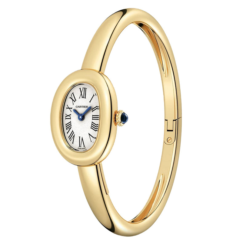 Cartier Baignoire (Size 16) gold oval watch with Roman numerals on a slim bangle-style bracelet, shown at an angle.
