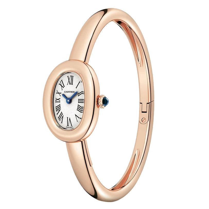 The Cartier Baignoire (Size 15) is a rose gold bangle-style watch featuring an oval face with Roman numerals and a blue sapphire cabochon on the crown.