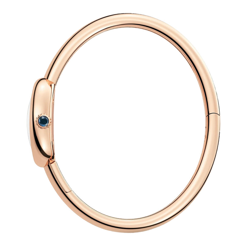 The Cartier Baignoire (Size 15) is a rose gold oval bangle bracelet featuring a small sapphire cabochon set in an oval detail, displayed against a white background.