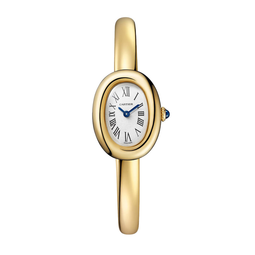 A Cartier Baignoire (Size 17) gold wristwatch featuring an oval face and Roman numerals on a white dial.