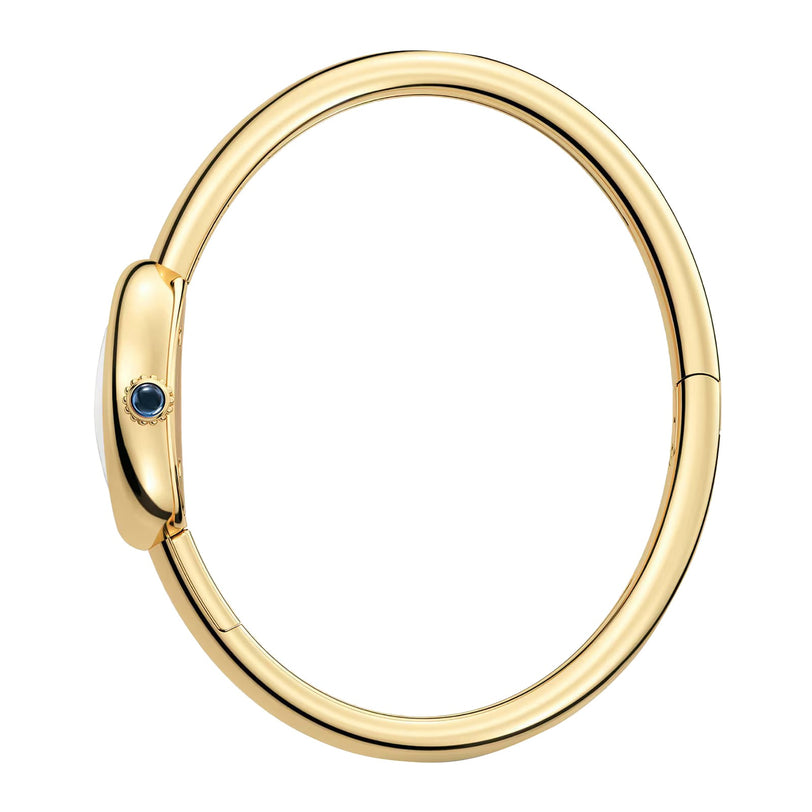 Cartier Baignoire (Size 17) gold bangle bracelet with a rounded clasp and a small blue gemstone detail.