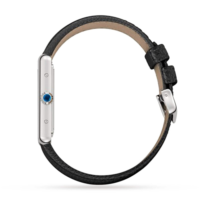 Side view of the Cartier Tank Must de Cartier watch with black leather strap, silver case, blue cabochon crown, water-resistant design, and quartz movement, shown on a white background.