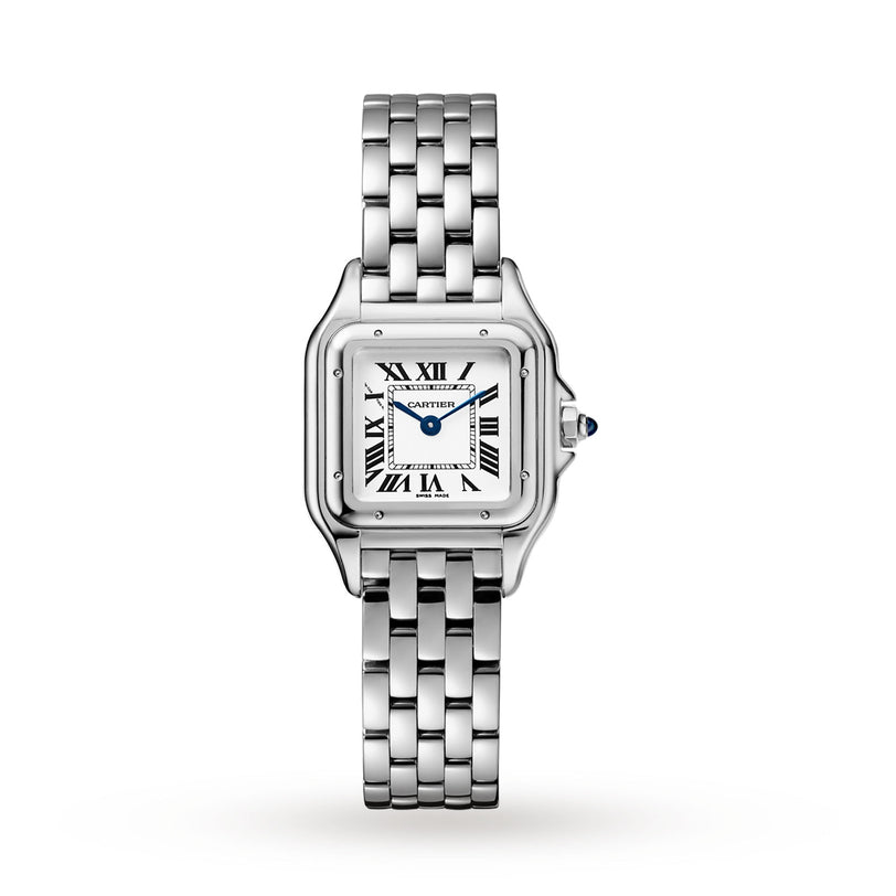 The Panthère de Cartier Small Model wristwatch by Cartier features a square face, Roman numerals, blue hands, and a linked metal bracelet, showcased against a white background—a timeless icon of style.