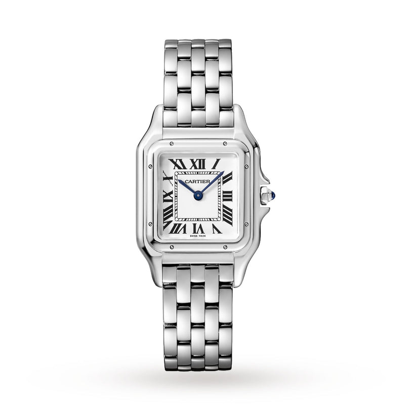 The Panthère de Cartier watch by Cartier features a silver square face, Roman numerals, blue hands, and a metal link bracelet—displayed on a white background as a true style icon.