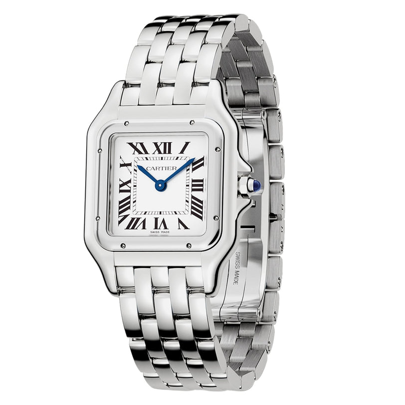The Panthère de Cartier by Cartier is a silver wristwatch featuring a square white face, Roman numerals, blue sword-shaped hands, and a metal link bracelet—an enduring style icon.