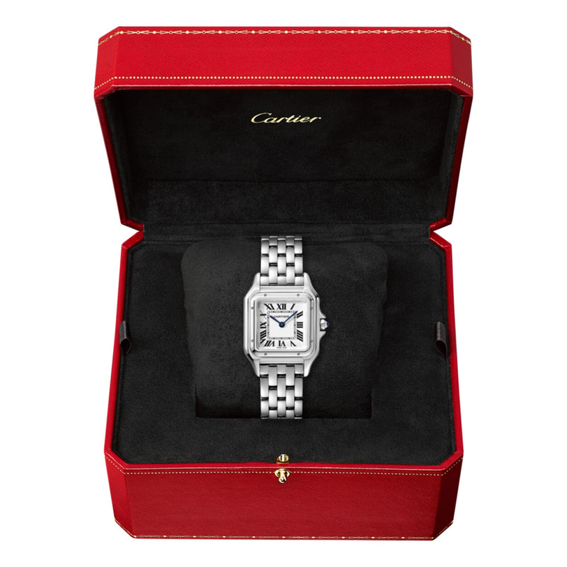 The Cartier Panthère de Cartier wristwatch features a silver rectangular face with Roman numerals, displayed in an open red Cartier box lined with black fabric—a true style icon.