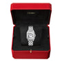 The Cartier Panthère de Cartier wristwatch features a silver rectangular face with Roman numerals, displayed in an open red Cartier box lined with black fabric—a true style icon.