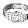 The Cartier Panthère de Cartier watch, in silver stainless steel with a square white dial, black Roman numerals, blue hands, and a linked bracelet band, is showcased on a white background.