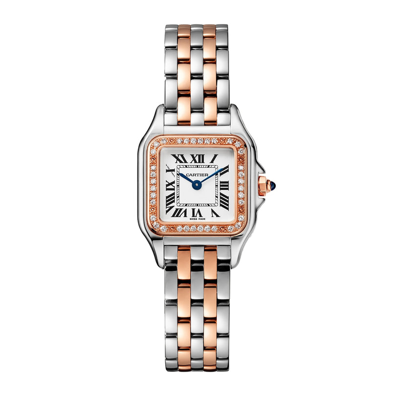 The Cartier Panthère de Cartier Small Model features a square face with Roman numerals, a diamond bezel, and a silver and rose gold metal link band.