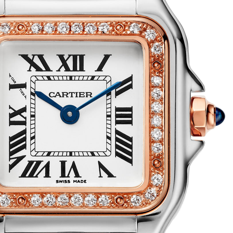 Close-up of the Cartier Panthère de Cartier Small Model wristwatch featuring a square face, Roman numerals, blue hands, diamond bezel, metal casing with rose gold accents, and a signature blue cabochon crown.