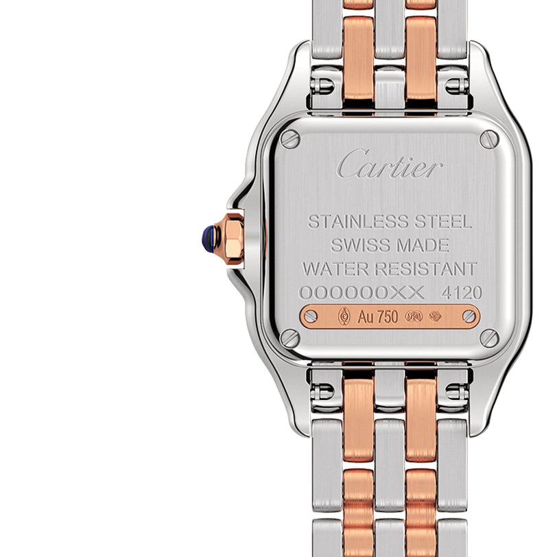 Back view of the Panthère de Cartier Small Model watch by Cartier, featuring a stainless steel and rose gold bracelet, engraved branding, specs, serial number, and subtle diamond accents in an elegant design.