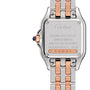 Back view of the Panthère de Cartier Small Model watch by Cartier, featuring a stainless steel and rose gold bracelet, engraved branding, specs, serial number, and subtle diamond accents in an elegant design.