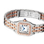The Panthère de Cartier Small Model by Cartier features a square face with Roman numerals, diamond bezel, blue cabochon crown, and a stainless steel bracelet accented with rose gold.