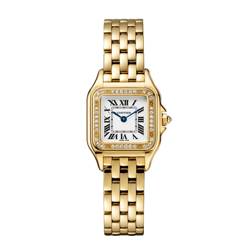 The Cartier Panthère de Cartier Small Model watch features a square face, Roman numeral hour markers, a brilliant-cut diamond bezel, yellow gold case, and a linked bracelet band.
