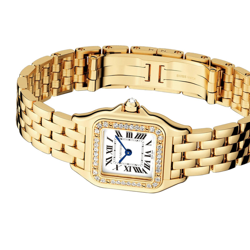 The Cartier Panthère de Cartier Small Model in yellow gold features a rectangular face, Roman numeral markers, blue hands, brilliant-cut diamond bezel, and a linked bracelet.