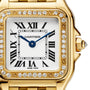 Close-up of the Panthère de Cartier Small Model watch by Cartier, featuring a square white dial with Roman numerals, blue hands, a yellow gold case set with brilliant-cut diamonds, and a yellow gold link bracelet.
