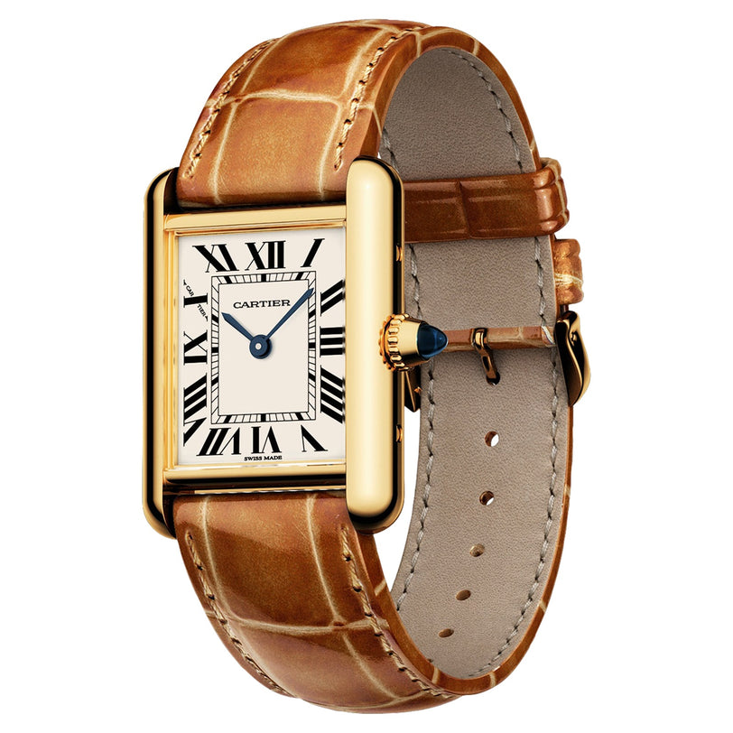The Cartier Tank Louis Cartier features a rectangular yellow gold case, Roman numerals, blue hands, a sapphire cabochon crown, and a brown leather strap.