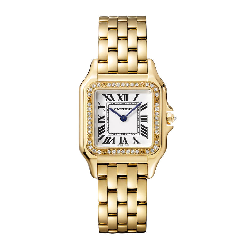 The Panthère de Cartier by Cartier is a luxurious 18K yellow gold jewelry watch featuring a square Roman numeral face, blue hands, diamond bezel, and elegant link bracelet.