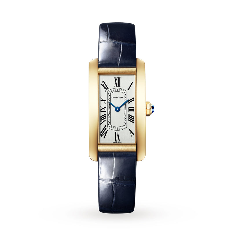 The Cartier Tank Américaine is a gold rectangular watch featuring Roman numerals, blue hands, and a black leather strap, displayed on a white background.