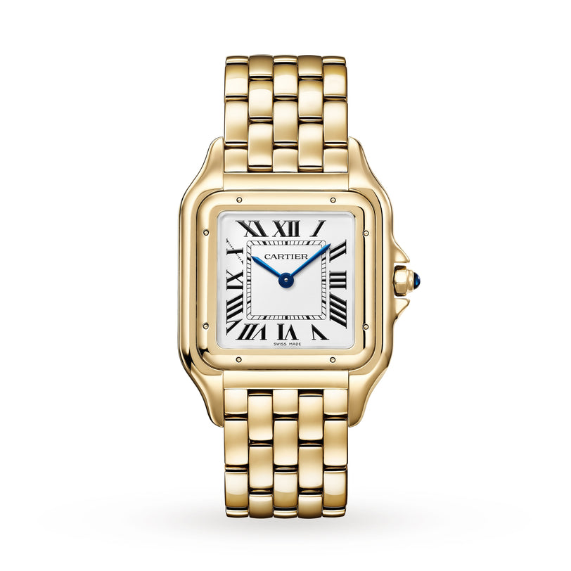 The Cartier Panthère de Cartier wristwatch showcases a square white dial, black Roman numerals, blue sword-shaped hands, and a linked bracelet—an iconic classic from the renowned brand.