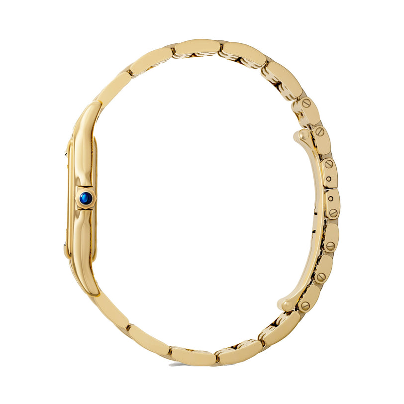 A side view of the Panthère de Cartier watch by Cartier, showcasing its linked gold band and a blue gemstone crown—an elegant classic from the renowned brand.