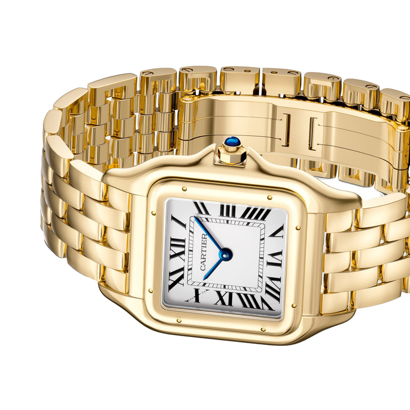 The Panthère de Cartier by Cartier is a gold wristwatch featuring a square face, Roman numerals, blue hands, and a metal link bracelet—a timeless classic that embodies the brands signature elegance.