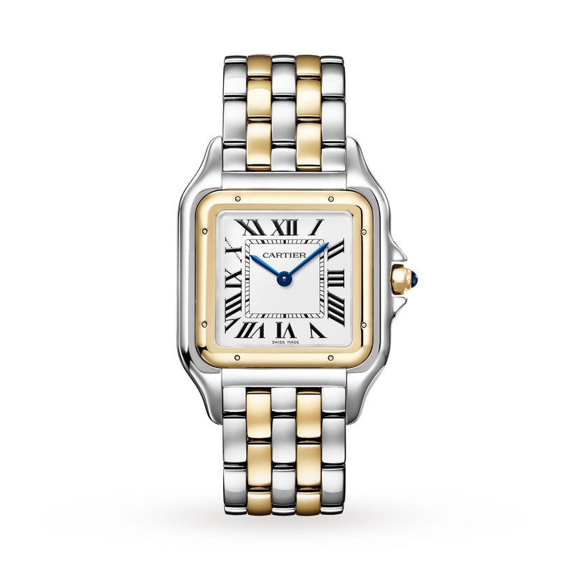 The Cartier Panthère de Cartier wristwatch features a square face with Roman numerals, blue hands, and a metal band of alternating gold and silver links—an elegant classic.