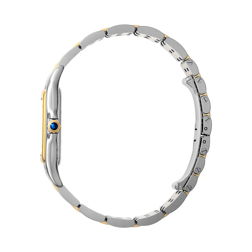 Side view of the Panthère de Cartier by Cartier, a two-tone wristwatch with a slim profile, silver and gold links, and a blue cabochon crown—an enduring classic in the brand’s collection.