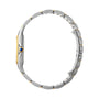 Side view of the Panthère de Cartier by Cartier, a two-tone wristwatch with a slim profile, silver and gold links, and a blue cabochon crown—an enduring classic in the brand’s collection.