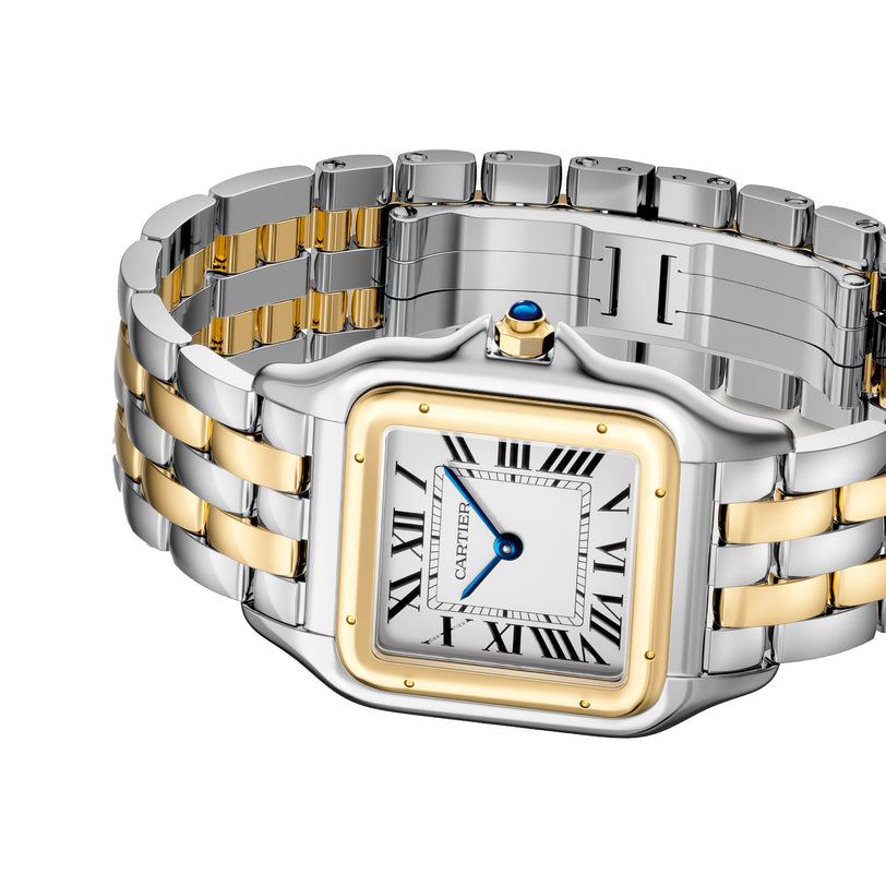 The Panthère de Cartier by Cartier is a timeless classic, featuring a square face with Roman numerals, blue hands, and a two-tone metal bracelet with alternating gold and silver links.