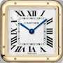 Close-up of the Panthère de Cartier watch face by Cartier, featuring blue hands, Roman numerals, and a gold square bezel.