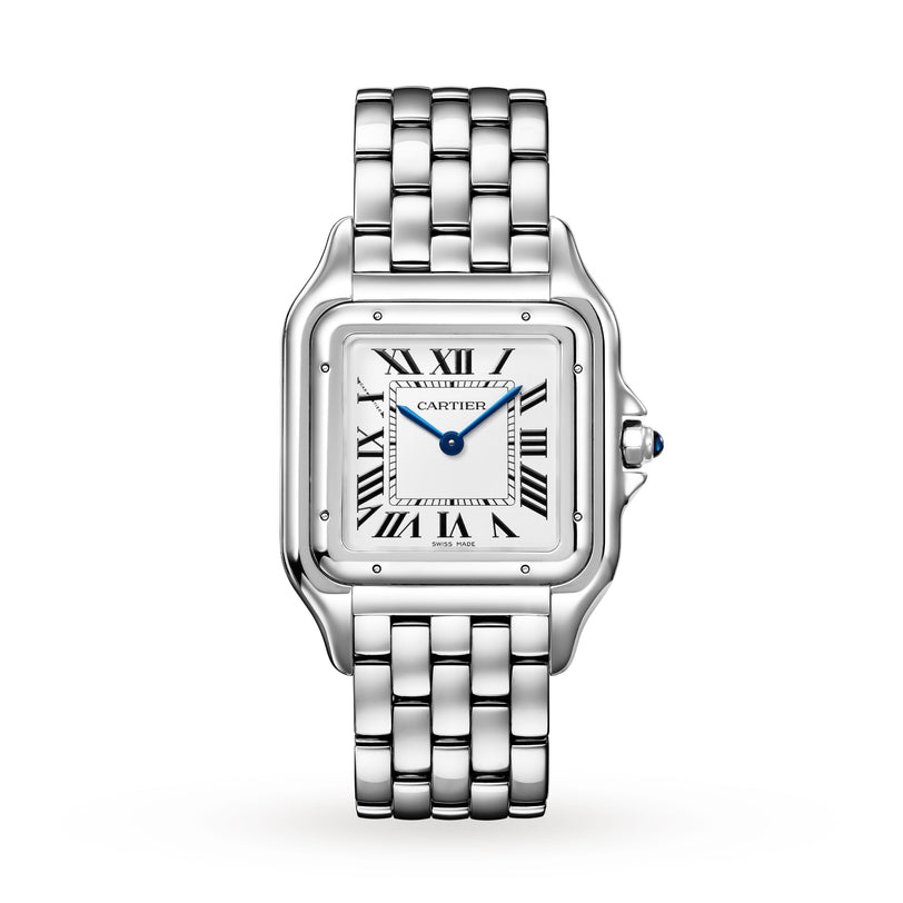 The Panthère de Cartier by Cartier is a silver wristwatch with a square face, Roman numerals, blue hands, and a linked metal band—a timeless classic displayed on a white background.