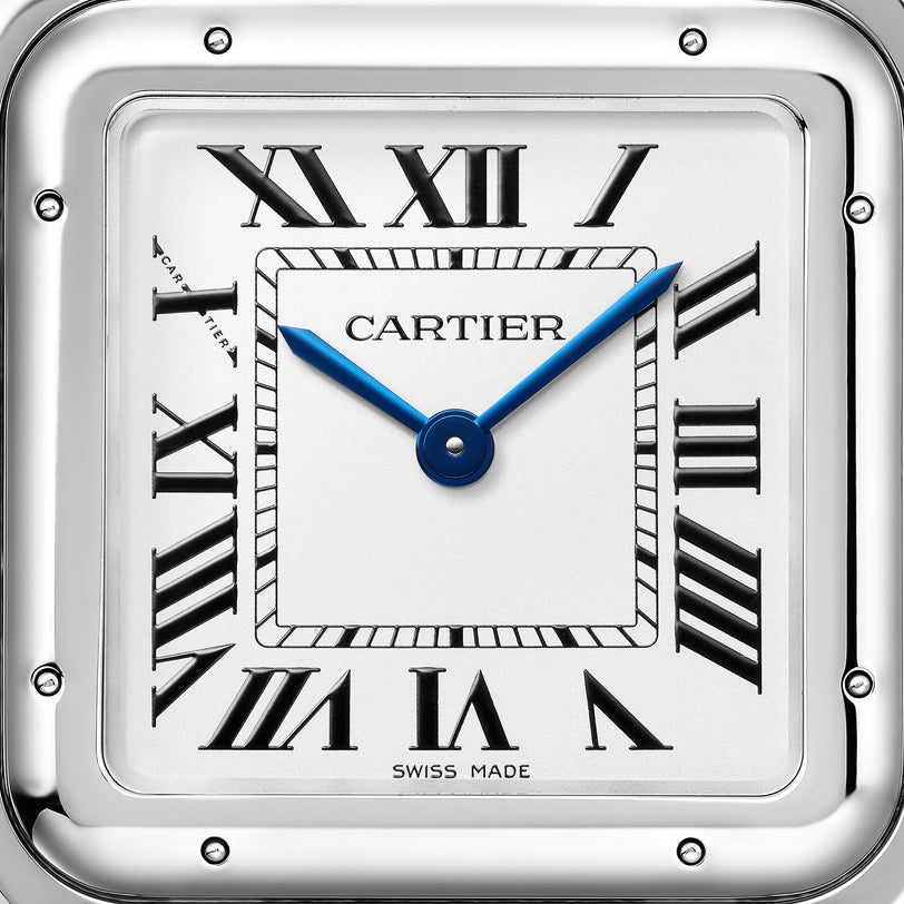 The Panthère de Cartier watch by Cartier features a square face with Roman numerals, blue hands, and Swiss Made at the bottom. Set to 10:10, it exemplifies the timeless elegance of this collection.