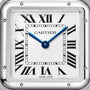 The Panthère de Cartier watch by Cartier features a square face with Roman numerals, blue hands, and Swiss Made at the bottom. Set to 10:10, it exemplifies the timeless elegance of this collection.