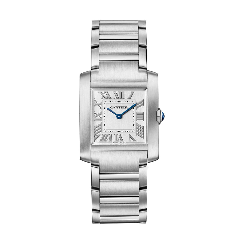 The Cartier Tank Française is a silver luxury watch with a rectangular face, Roman numeral markers, blue hands, and a sleek metal link bracelet.