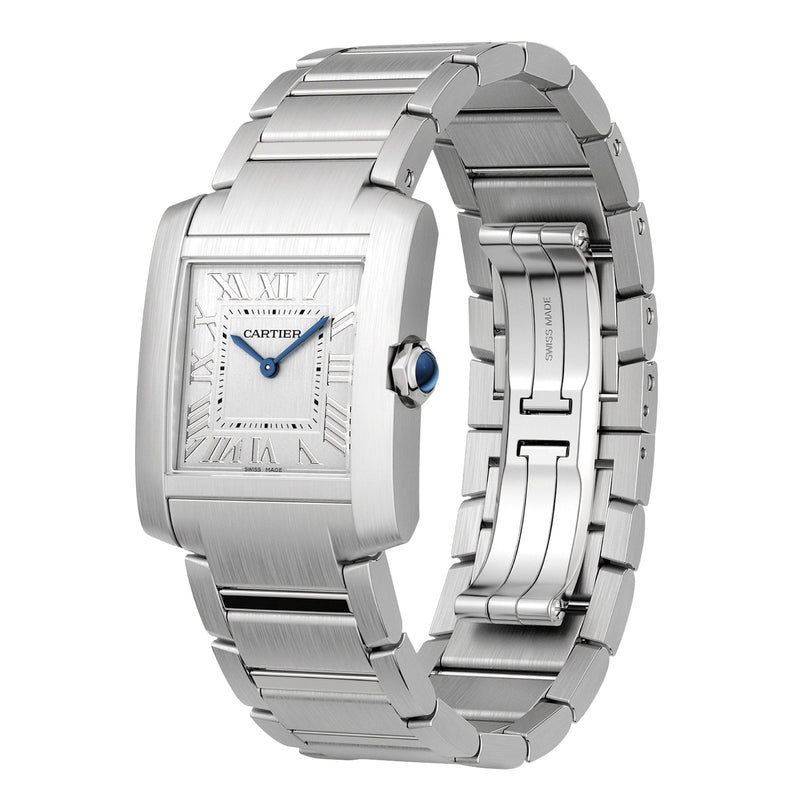The Cartier Tank Française is a stainless steel luxury watch featuring a square face, Roman numerals, blue hands, and a metal link bracelet, displayed against a white background.