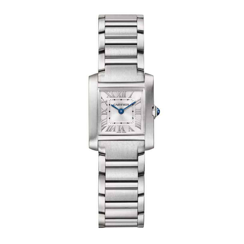 The Cartier Tank Française is a rectangular watch with a steel case, white dial, Roman numerals, metal link bracelet, and a crown set with a blue stone.