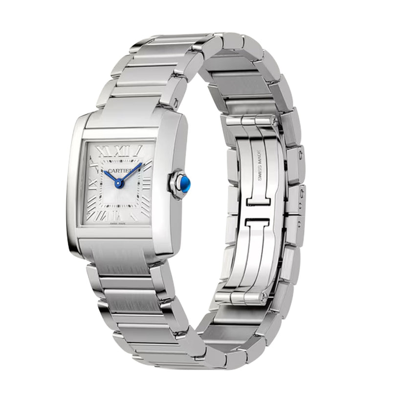 The Cartier Tank Française is a silver stainless steel watch with a rectangular face, Roman numerals, precise quartz movement, and a blue gemstone crown, set against a white background.